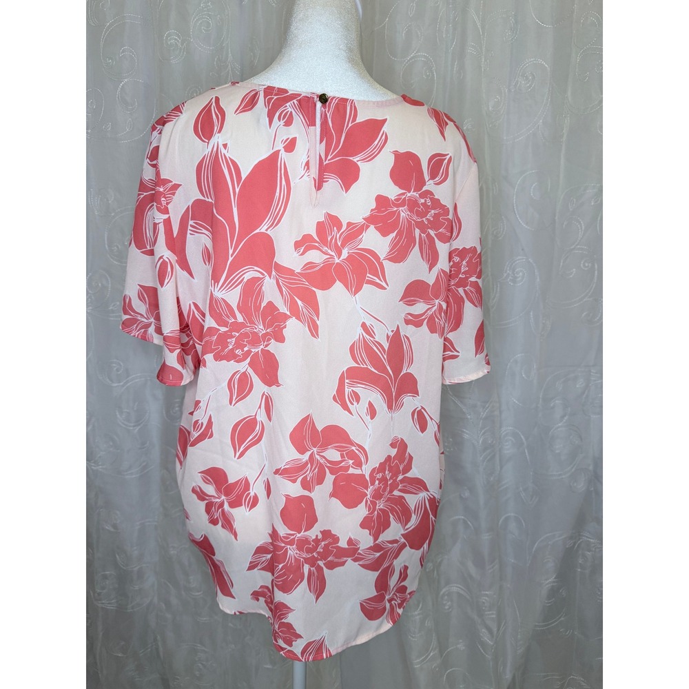 Liz Claiborne Pink Coral Floral V-Neck Blouse Short Sleeve Top Medium - Picture 3 of 8